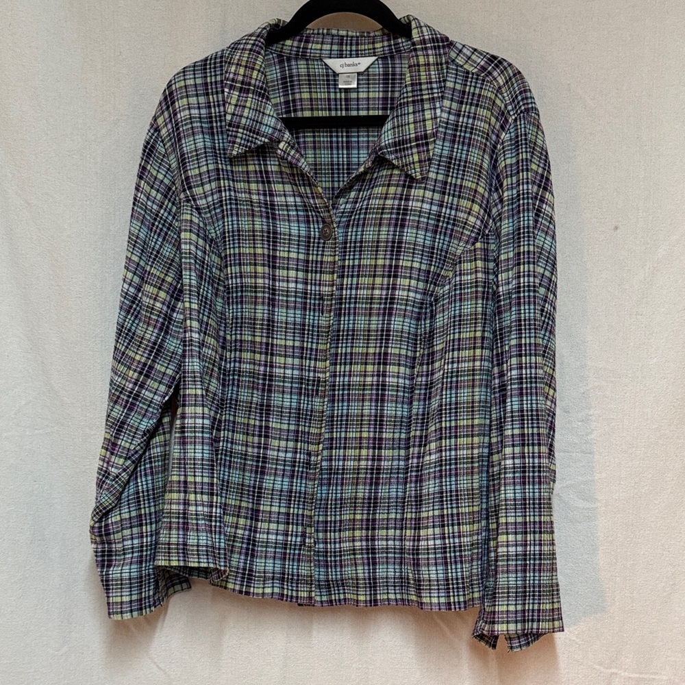 CJ Banks Multicolor Plaid Blouse - Purple, Green, Blue